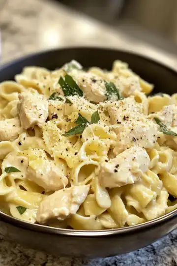 Creamy Boursin Chicken Pasta With Spring Veggies taken with iphone 15 pro max --iw 2 --ar 4:5 --v 6.1 --raw