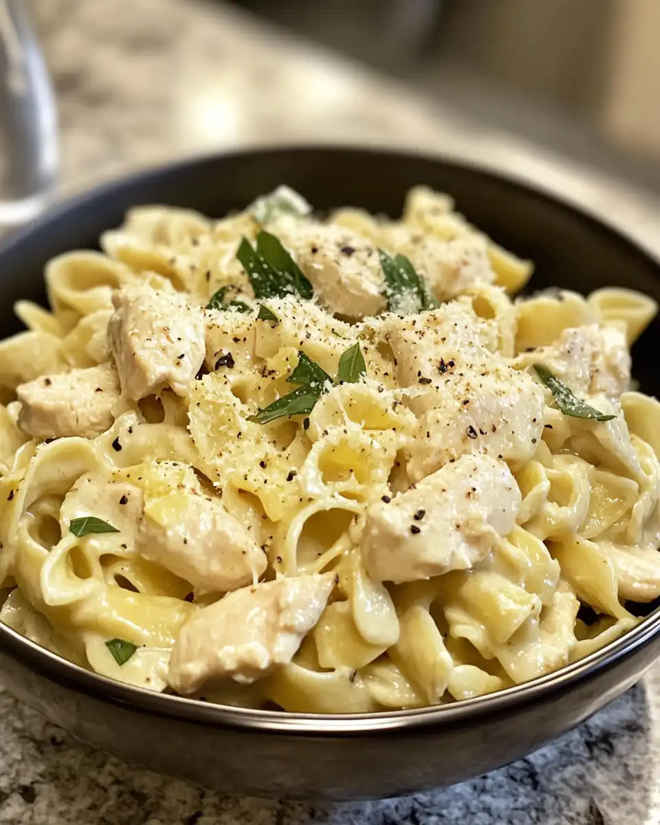 Creamy Boursin chicken pasta with fresh spring vegetables just beginning to cook in pressure cooker