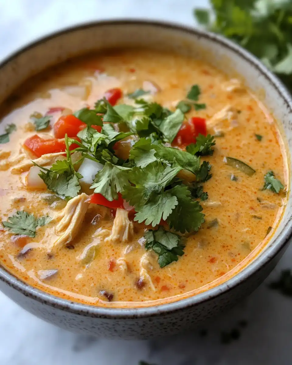 Serving creamy chicken enchilada soup topped with melted cheddar and Monterey Jack