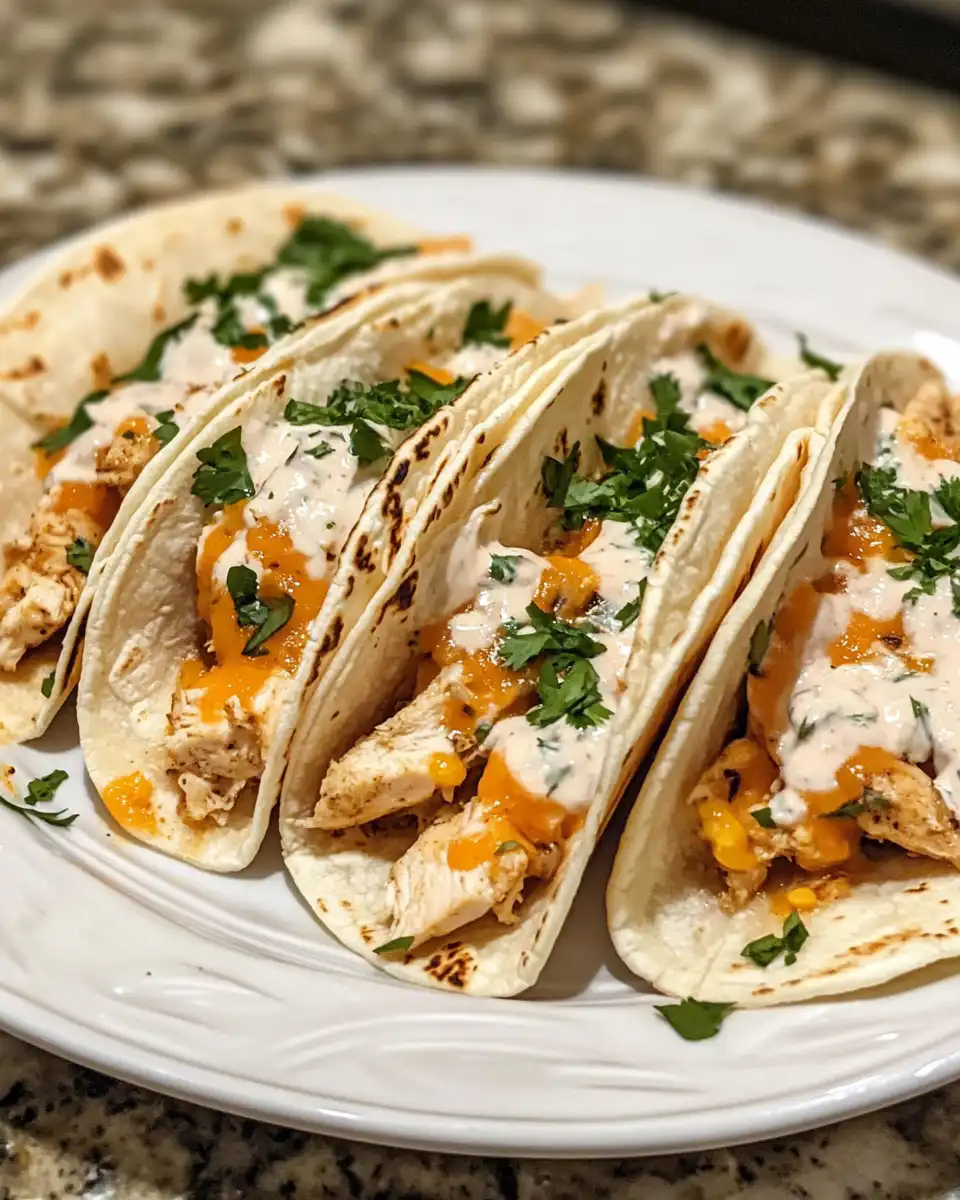 Final creamy chicken tacos served with fresh cucumber slices and wraps