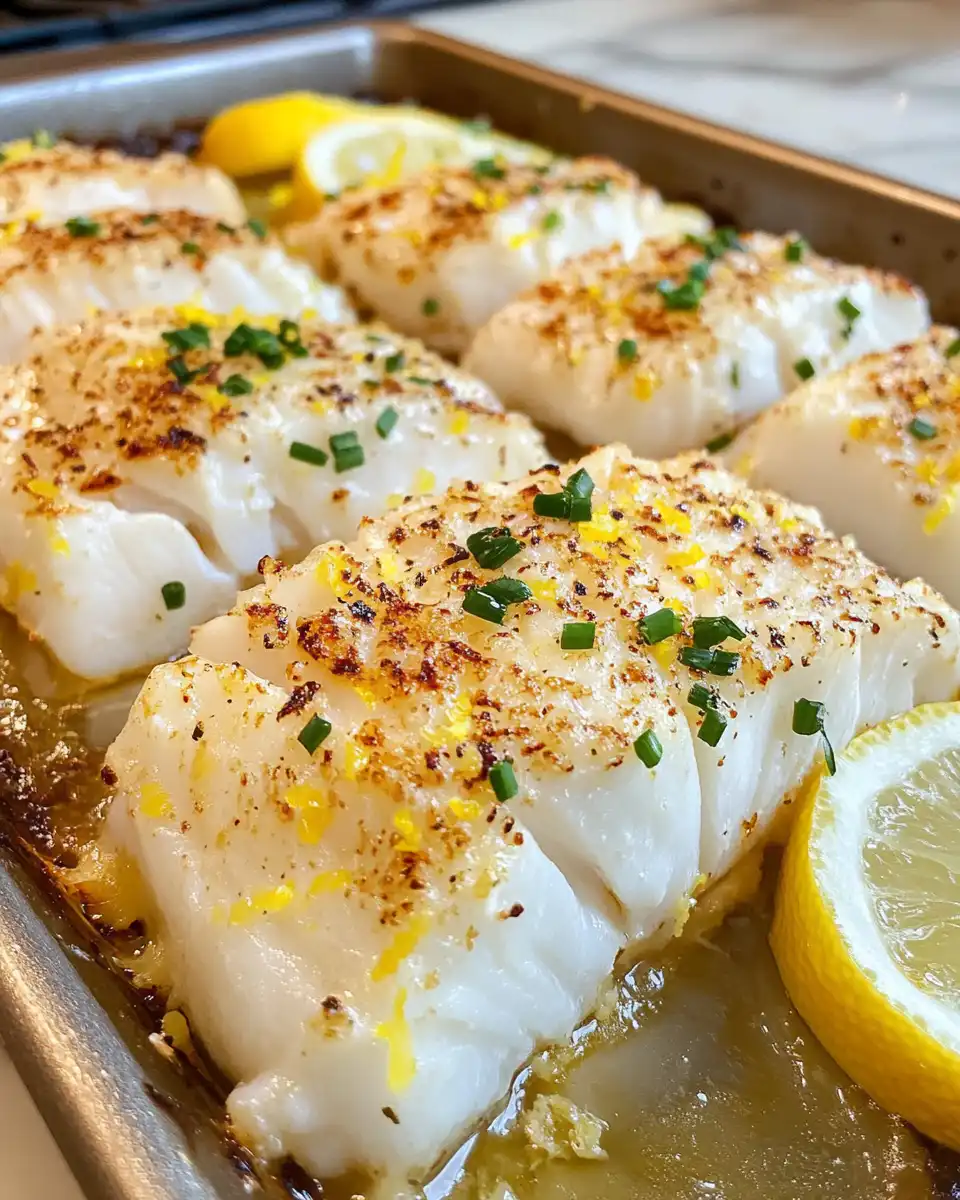 Tender cooked creamy coconut lemon baked cod served with parsley garnish