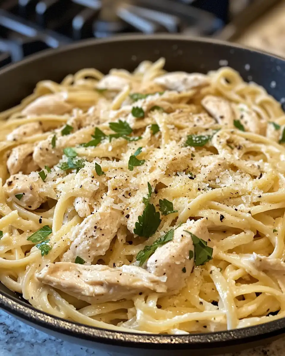 Ingredients for creamy garlic parmesan chicken pasta on kitchen counter