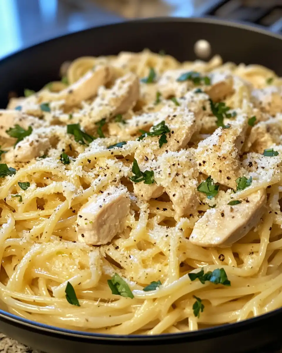 Served creamy garlic parmesan chicken pasta garnished with parsley
