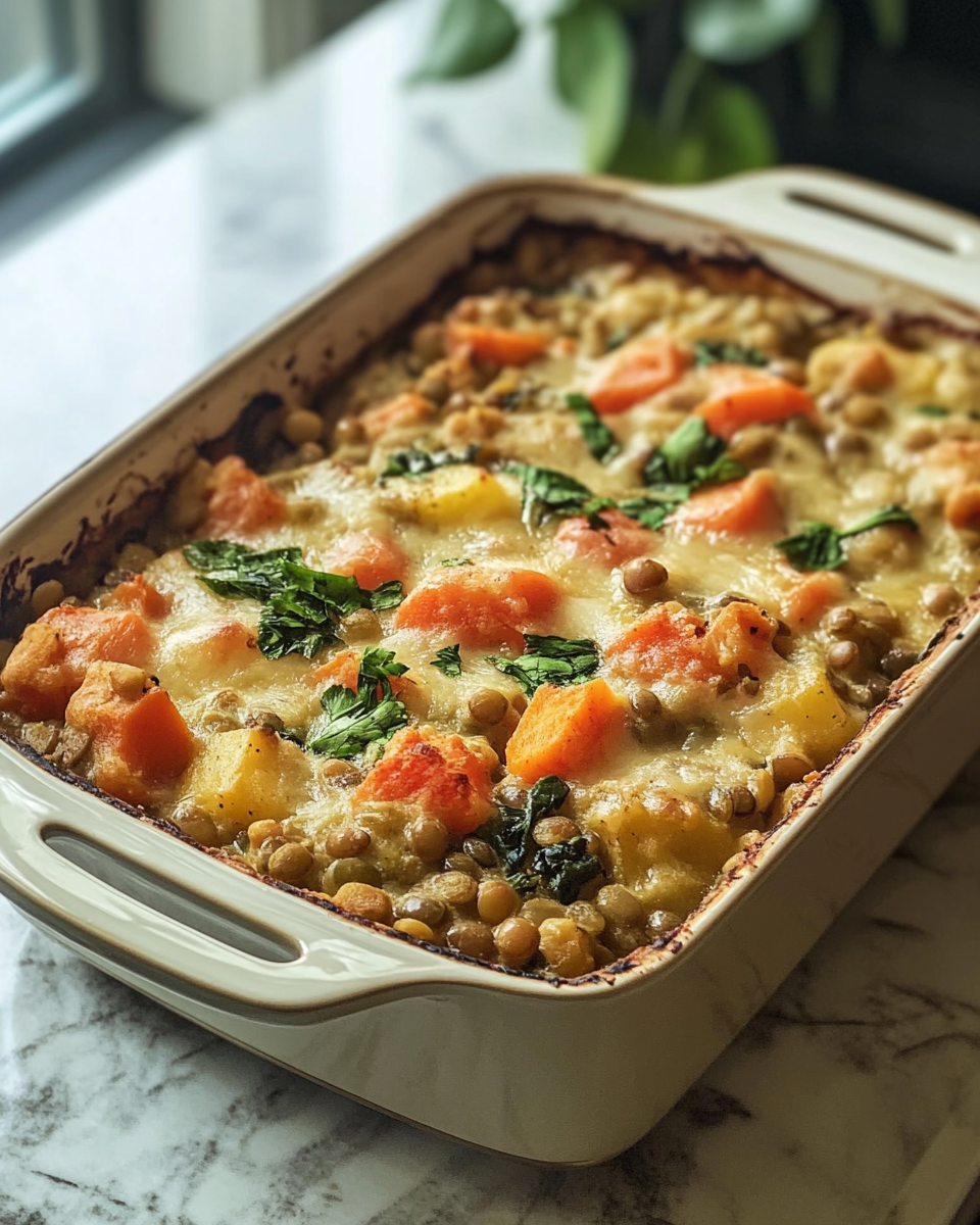 Melty cheddar melted golden crust on lentil vegetable bake ready to serve
