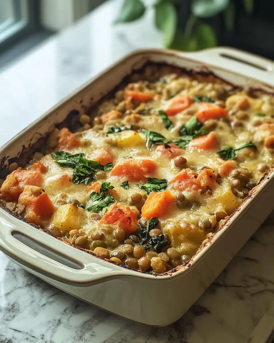 Melty cheddar melted golden crust on lentil vegetable bake ready to serve