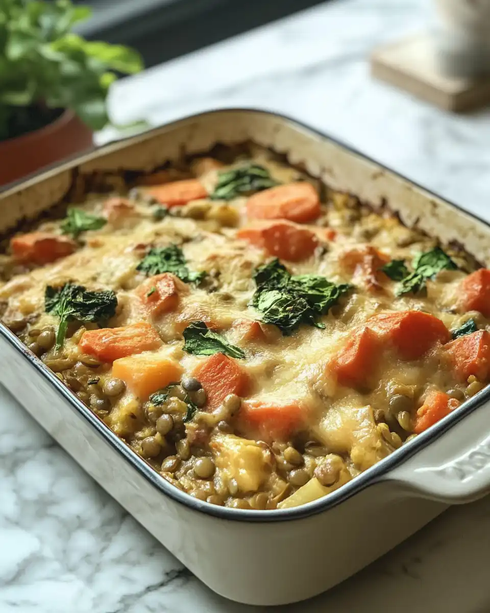 Creamy lentil and vegetable bake fresh from the pressure cooker with steam rising