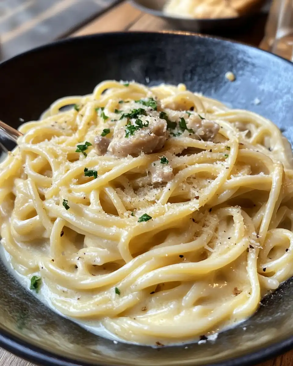 Close up of creamy linguine pasta with lemon sauce served