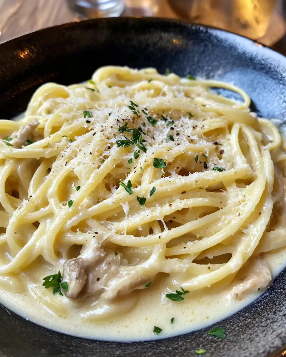 Creamy linguine steaming freshly cooked in pressure cooker