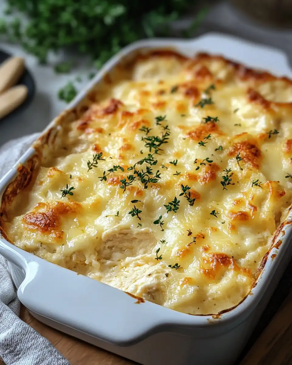 Serving dish of creamy low-carb chicken casserole with cauliflower rice and mushrooms, garnished and ready to eat