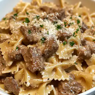 creamy parmesan garlic beef bowtie pasta crisp tastes taken with iphone 15 pro max --iw 2 --ar 4:5 --v 6.1 --raw