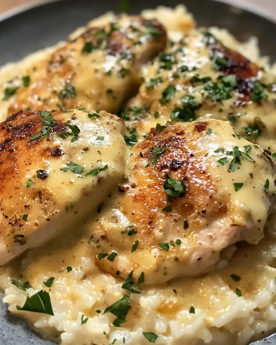 Creamy smothered chicken plated and garnished with fresh parsley