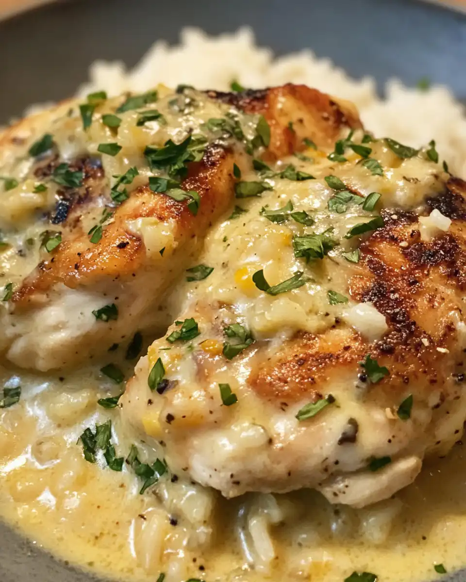 Close-up of creamy smothered chicken cooking with steam rising
