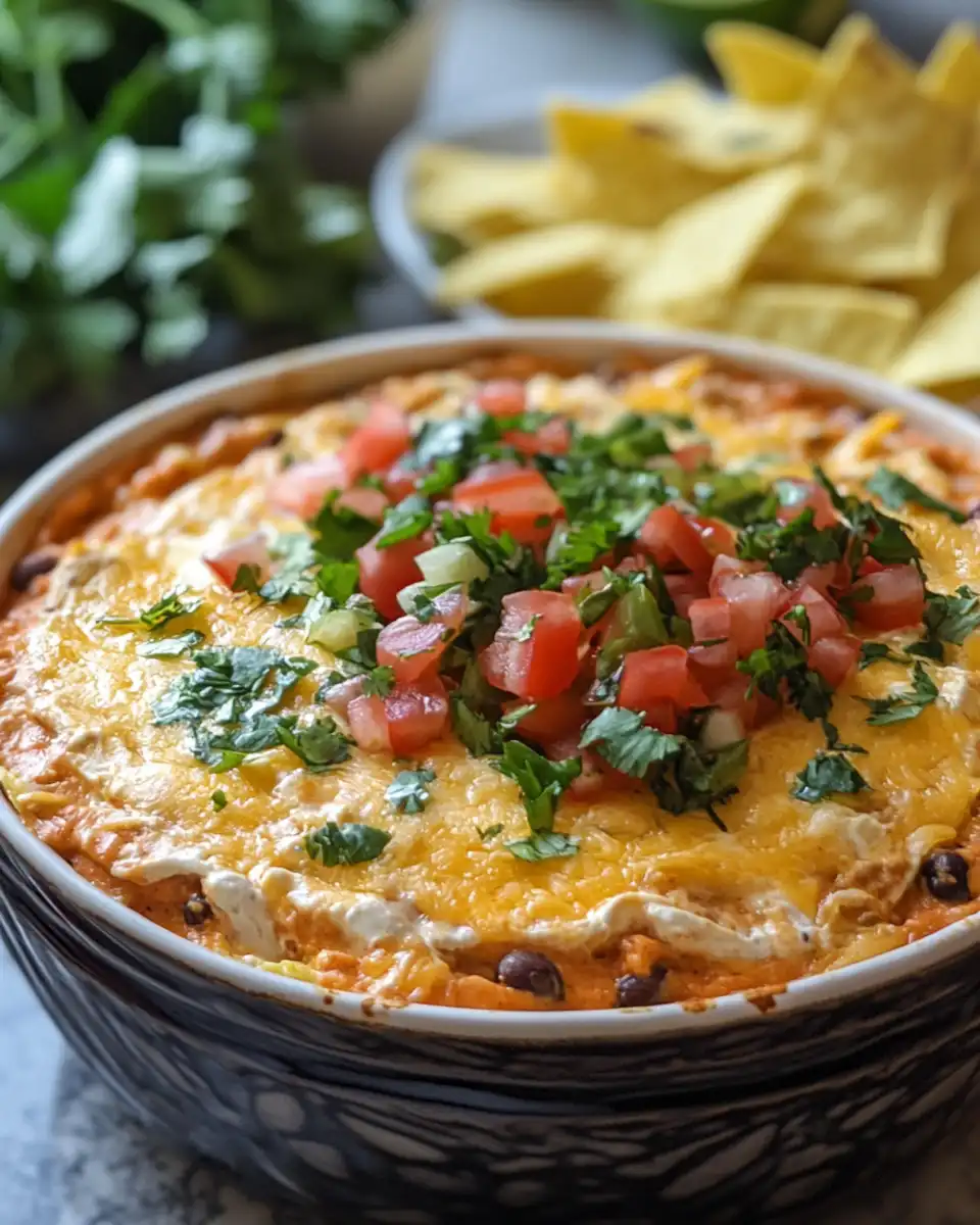 Final creamy taco dip served in a bowl ready to enjoy with chips