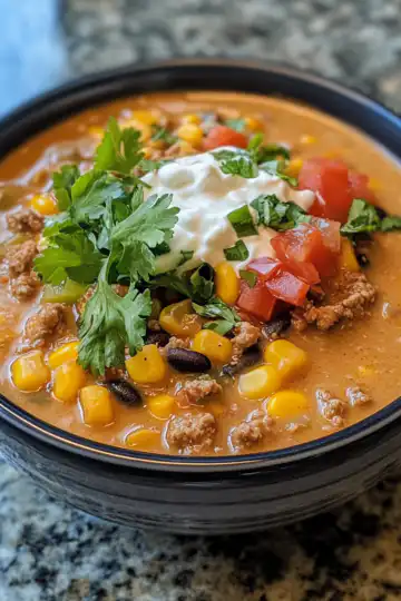 Creamy Taco Soup taken with iphone 15 pro max --iw 2 --ar 4:5 --v 6.1 --raw