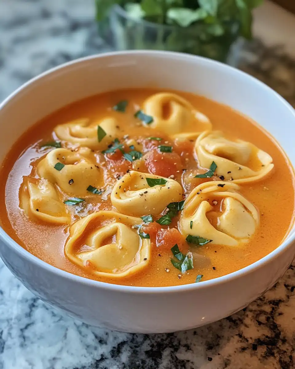 Ingredients laid out for creamy tomato tortellini soup including garlic, tomato soup base, and tortellini