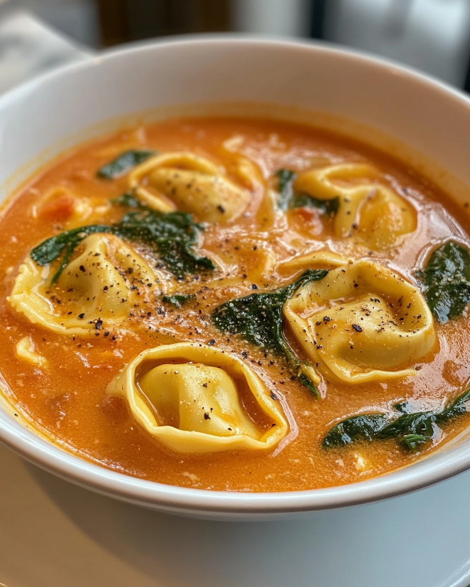 Close up of creamy tomato tortellini soup with Parmesan topping