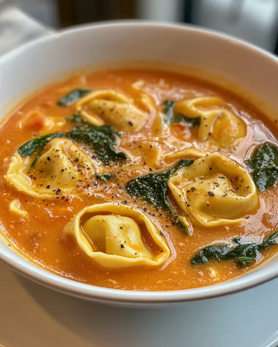 Close up of creamy tomato tortellini soup with Parmesan topping