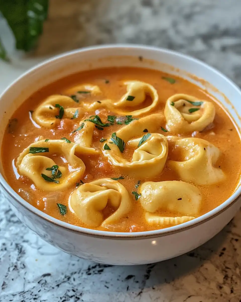 Serving bowl of creamy tomato tortellini soup garnished with Parmesan