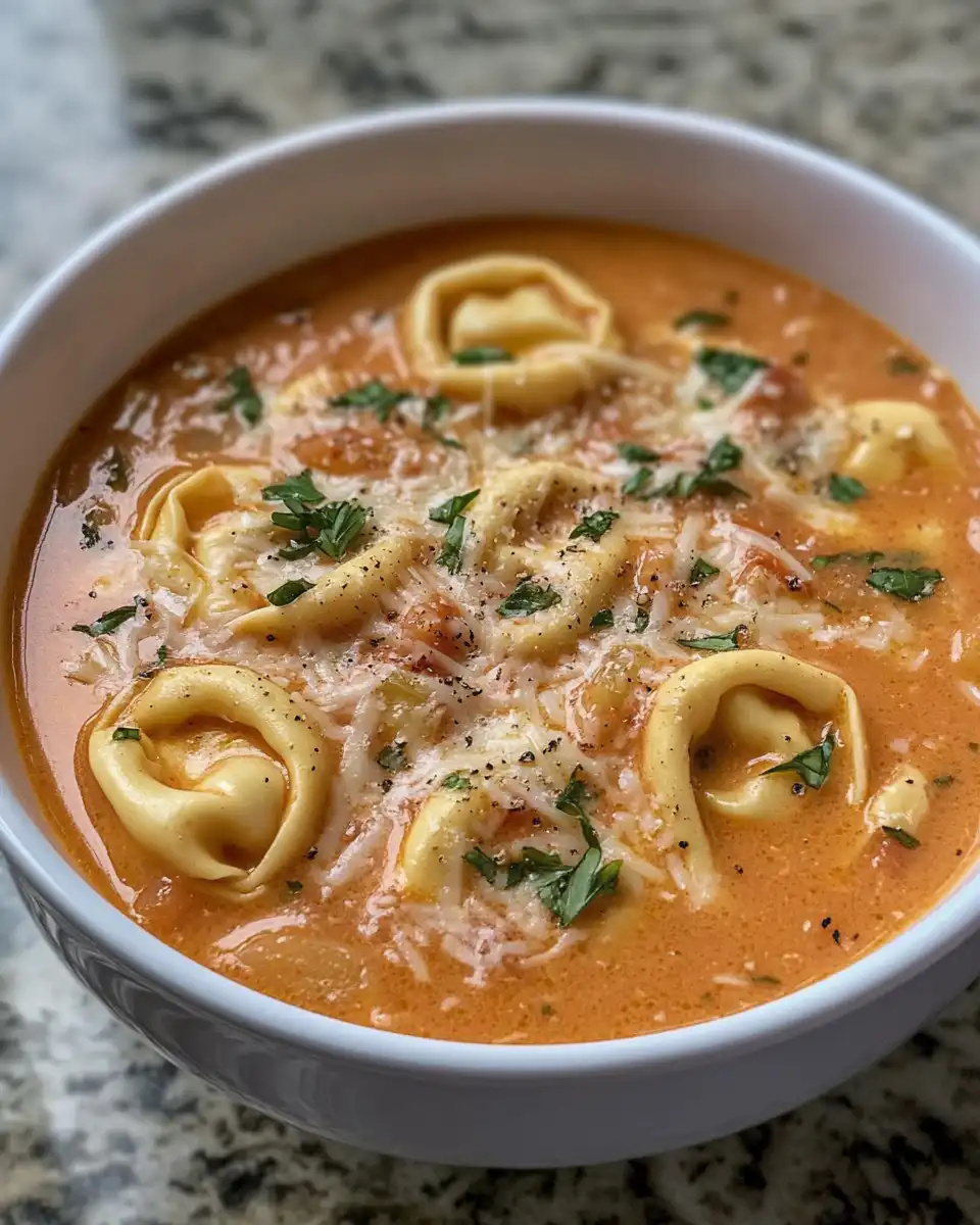 Creamy tomato tortellini soup steaming with garlic and tomato aroma in kitchen