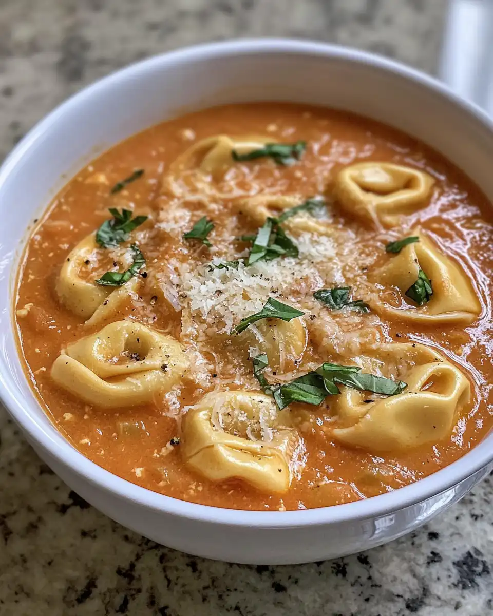 Creamy cheese tortellini soup served in bowl garnished with fresh basil and parmesan