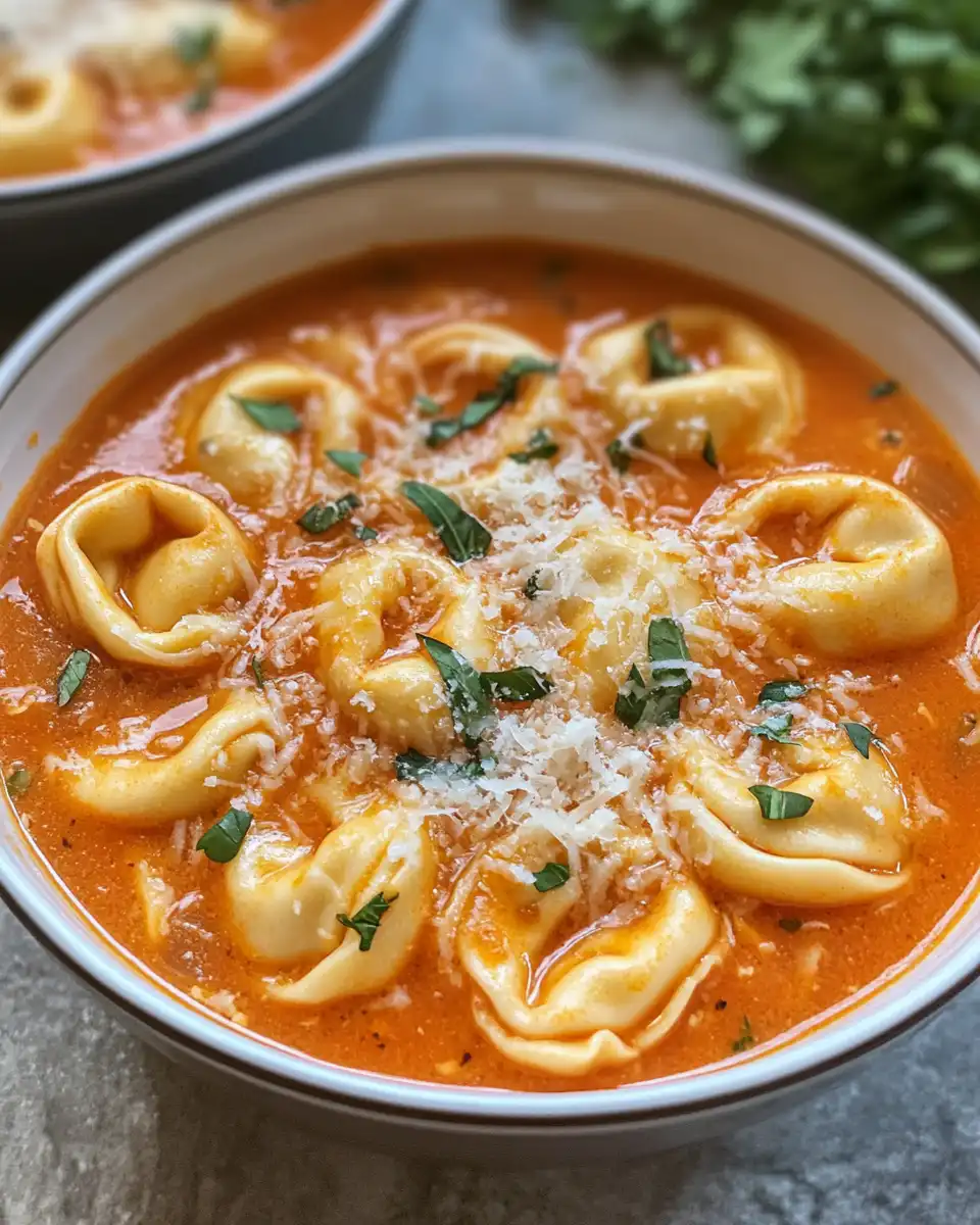 Creamy tomato tortellini soup fresh from the pressure cooker steam hissing