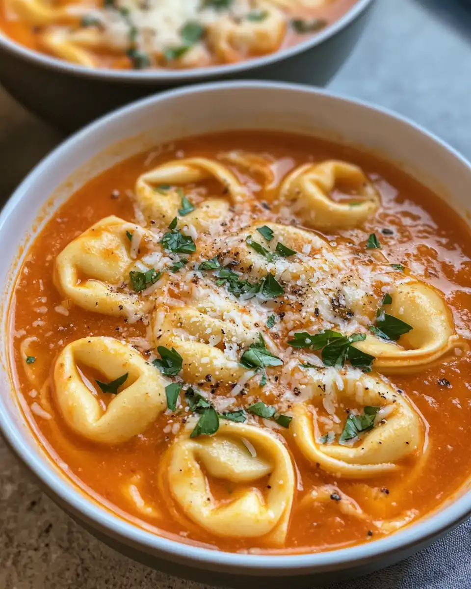 Ingredients laid out for creamy tomato tortellini soup including garlic, tomato soup base, and tortellini