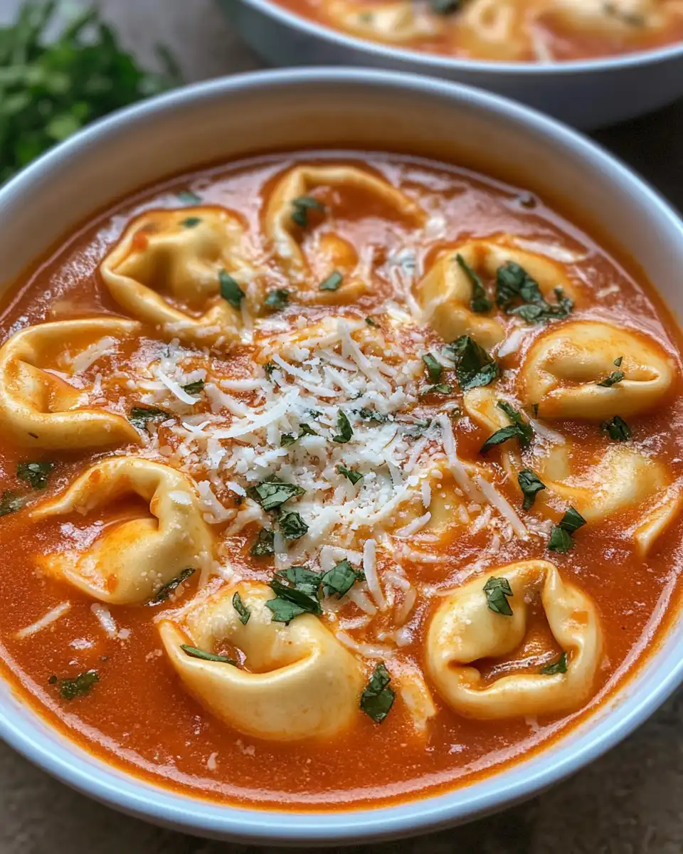Serving bowl of creamy tomato tortellini soup garnished with grated Parmesan cheese