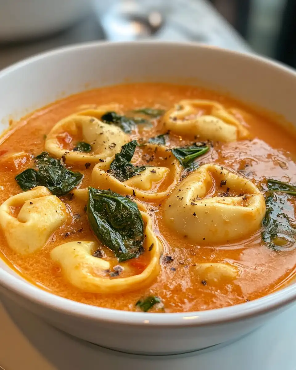 Creamy tomato tortellini soup in a bowl with spoon