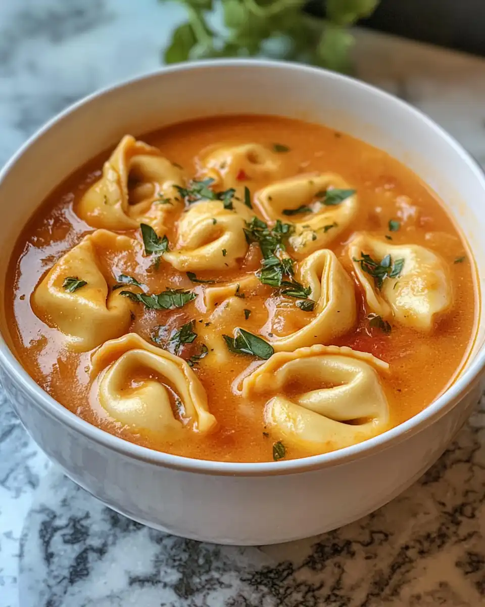 Rich creamy tomato tortellini soup steaming fresh from the pressure cooker