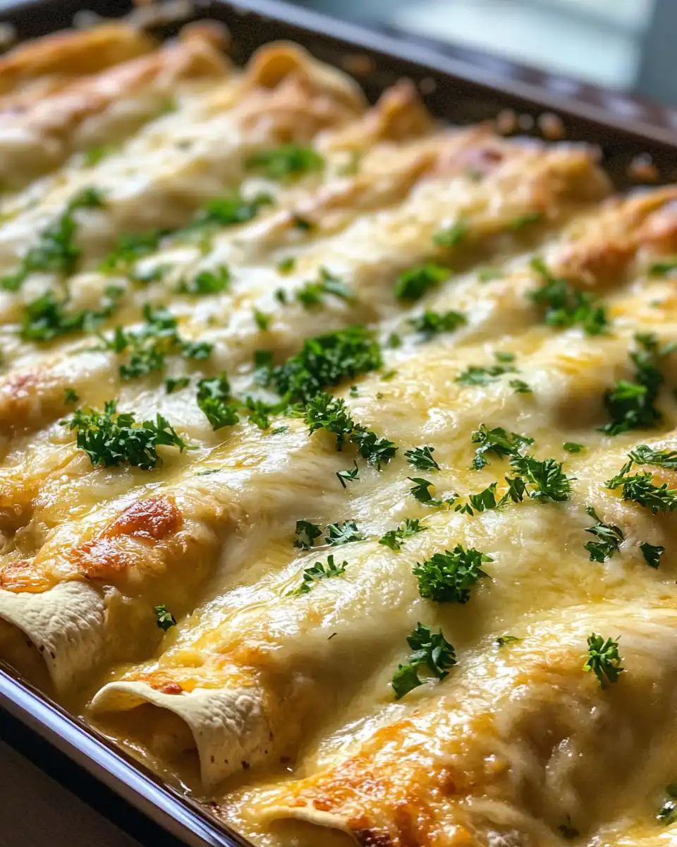 Ingredients for creamy white chicken enchiladas including tortillas, shredded chicken, and cheeses