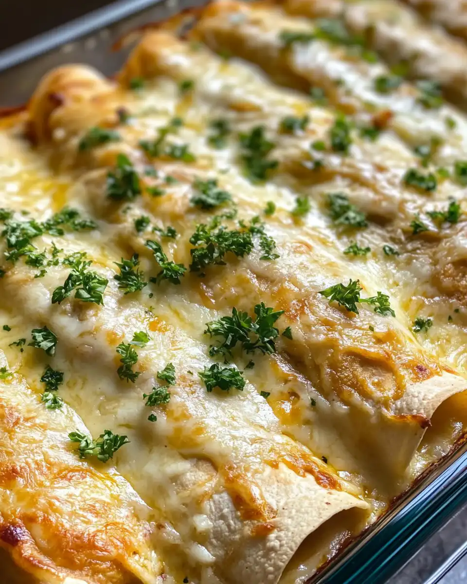 Serving platter of creamy white chicken enchiladas ready to eat