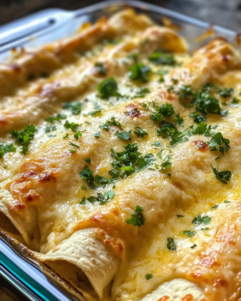 Creamy white chicken enchiladas fresh from the oven with melted cheesy topping