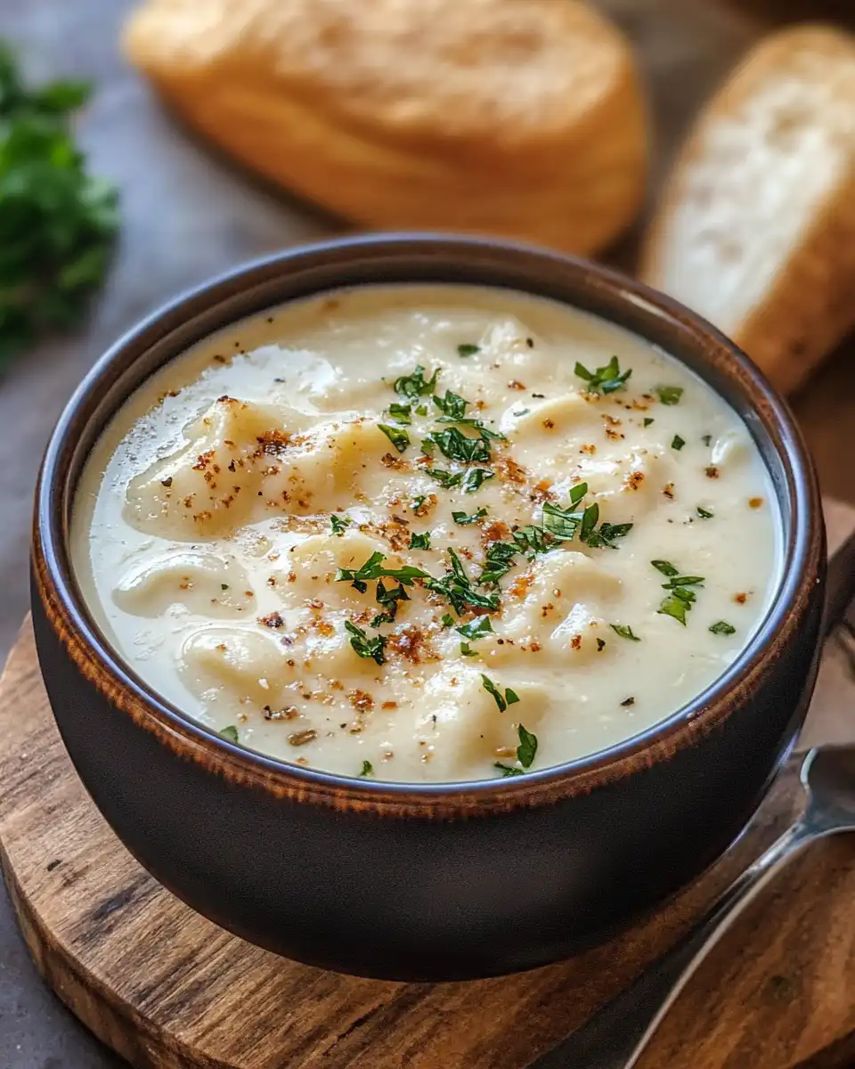 Bowl of creamy white lasagna soup garnished with Parmesan and spinach ready to serve