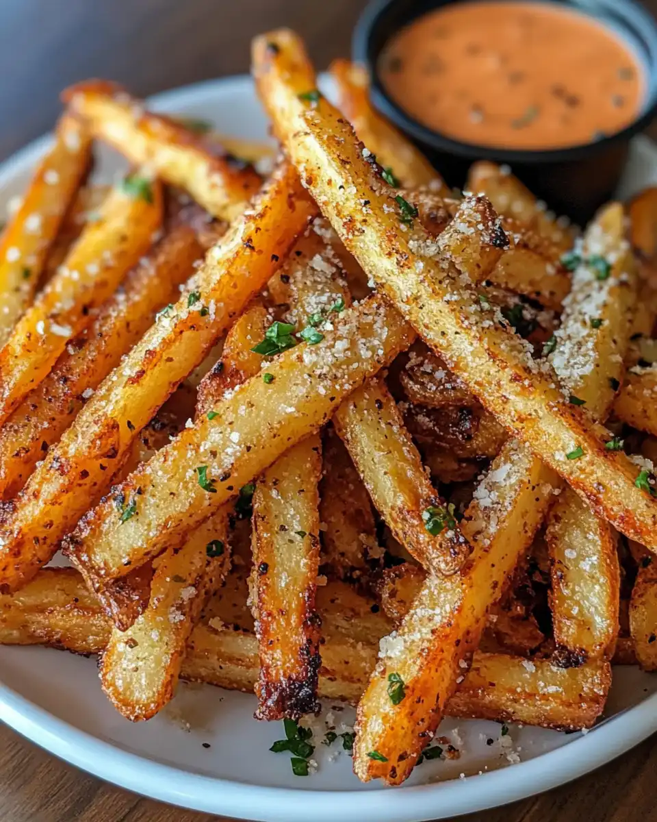 Ingredients for garlic Parmesan air fryer fries including potatoes, garlic powder, olive oil, and Parmesan cheese