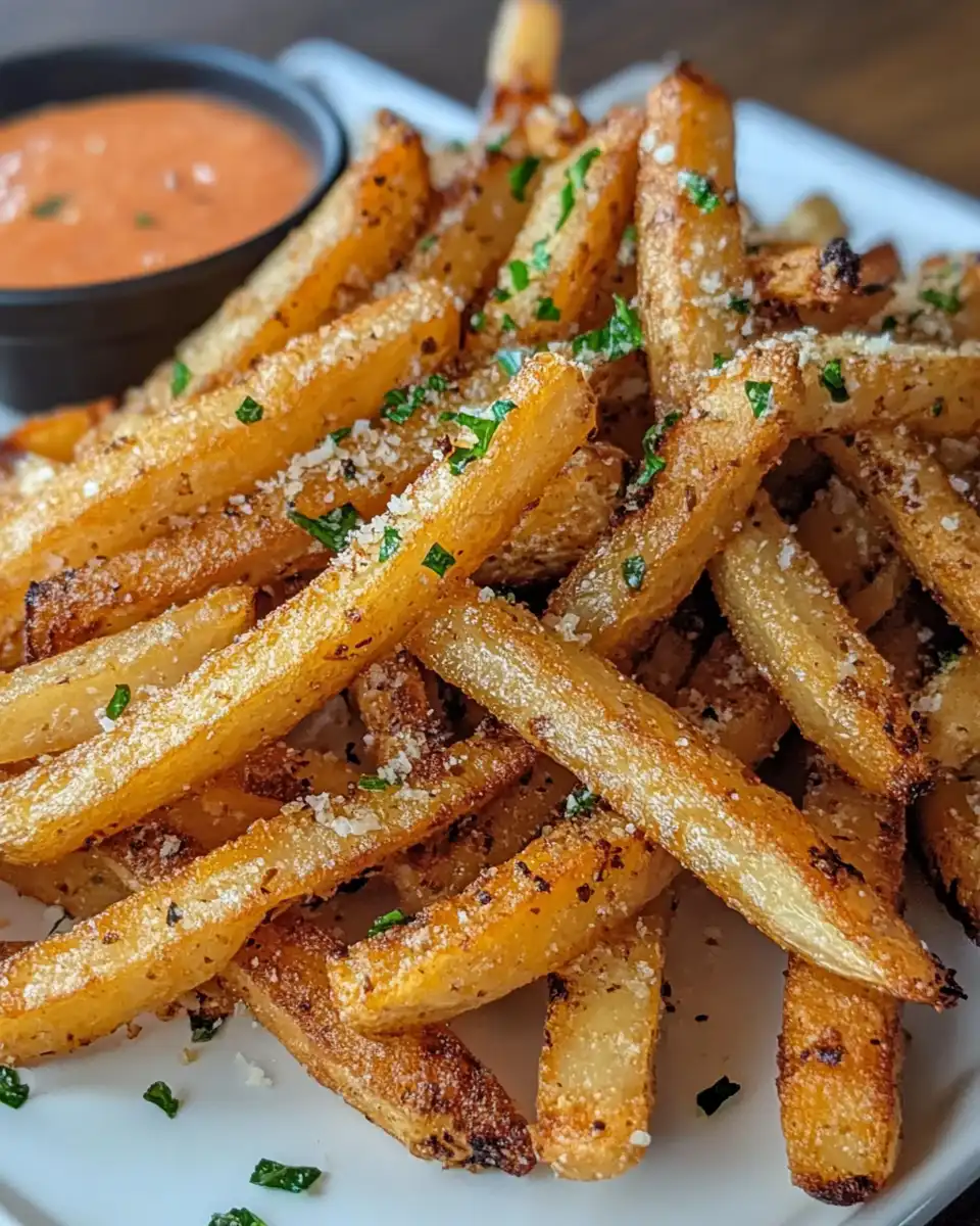 Final serving of golden crispy garlic Parmesan air fryer fries garnished with fresh parsley
