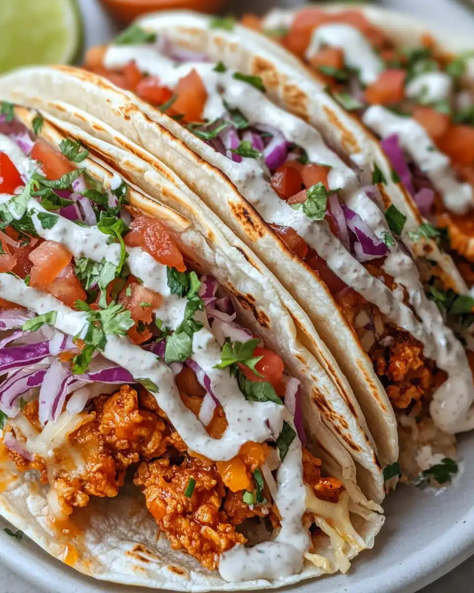 Close-up of crispy honey chipotle chicken tacos fresh from pressure cooker