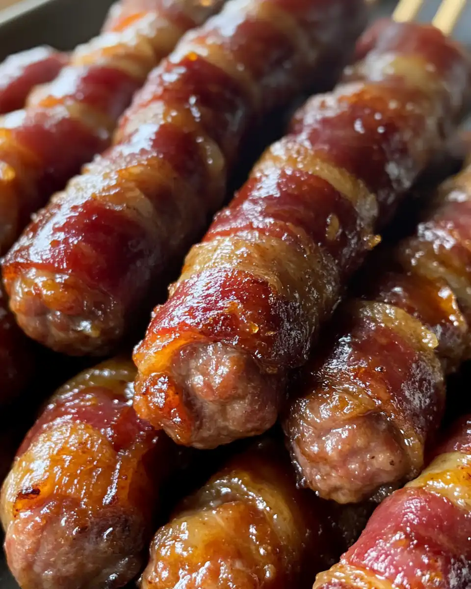 Finished bacon wrapped little smokies served on a platter ready to be enjoyed