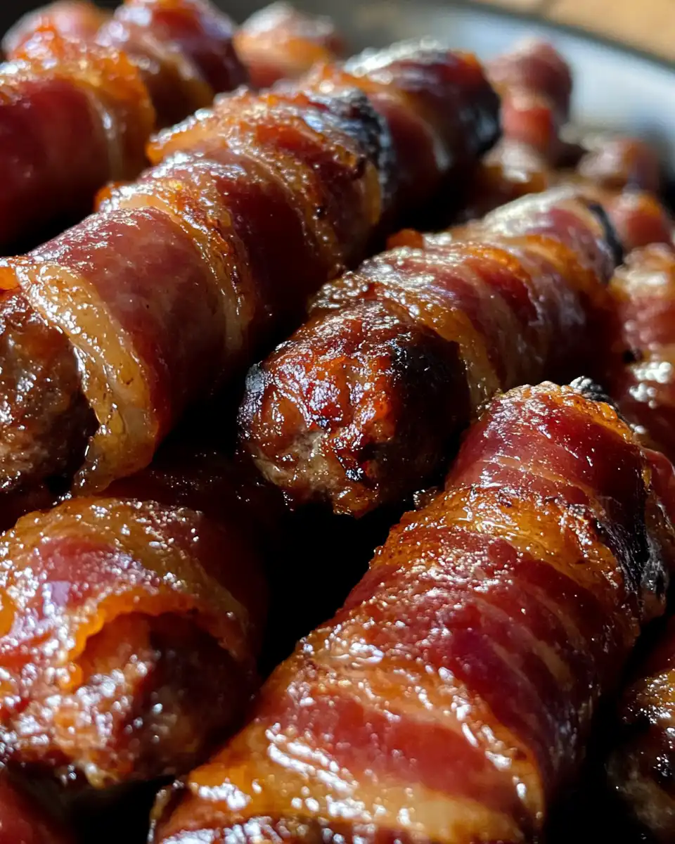 Bacon wrapped lil smokies cooking in slow cooker with steam rising
