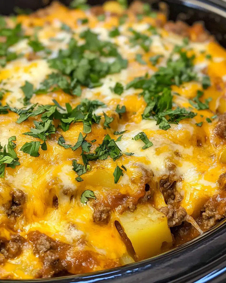 Ingredients for a taco potato casserole including ground beef, cheese, hashbrowns, and seasoning