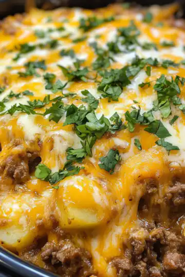 Crock Pot Beefy Potato Taco Casserole taken with iphone 15 pro max --iw 2 --ar 4:5 --v 6.1 --raw