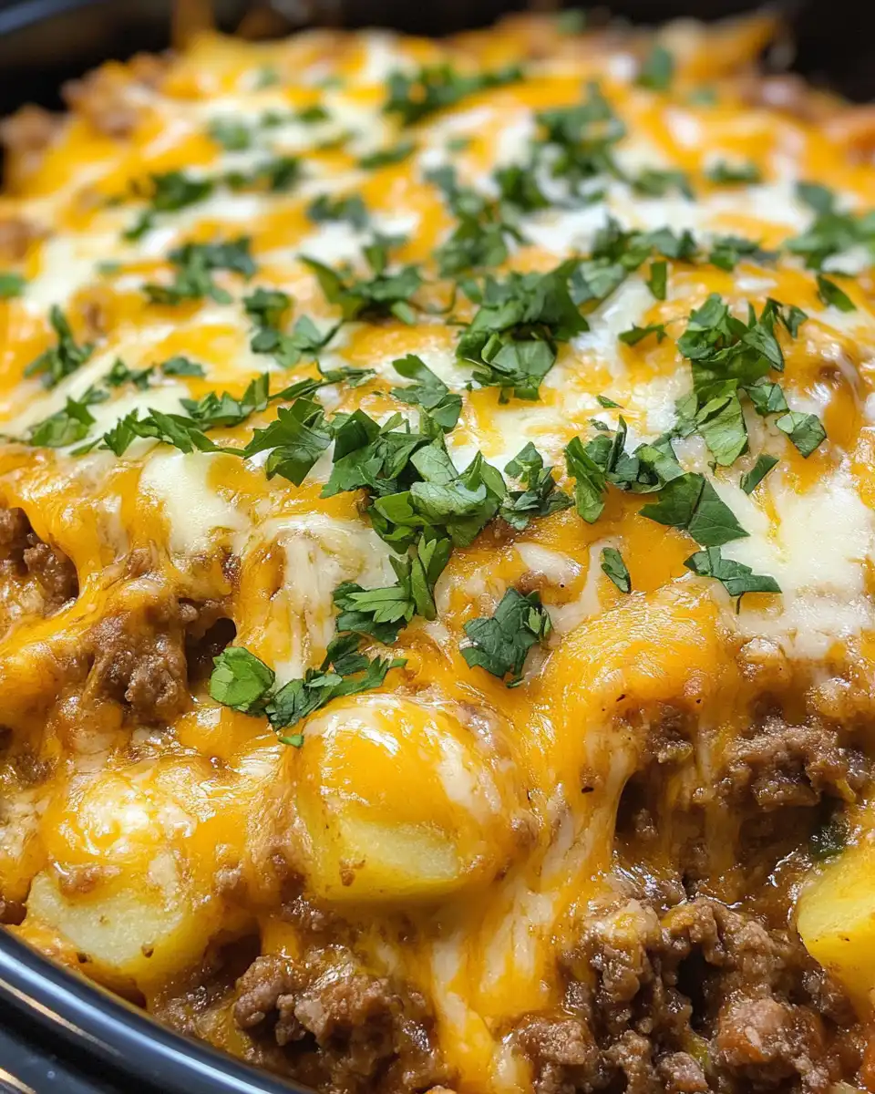 Pressure cooker taco potato casserole cooking with cheesy and beefy aroma