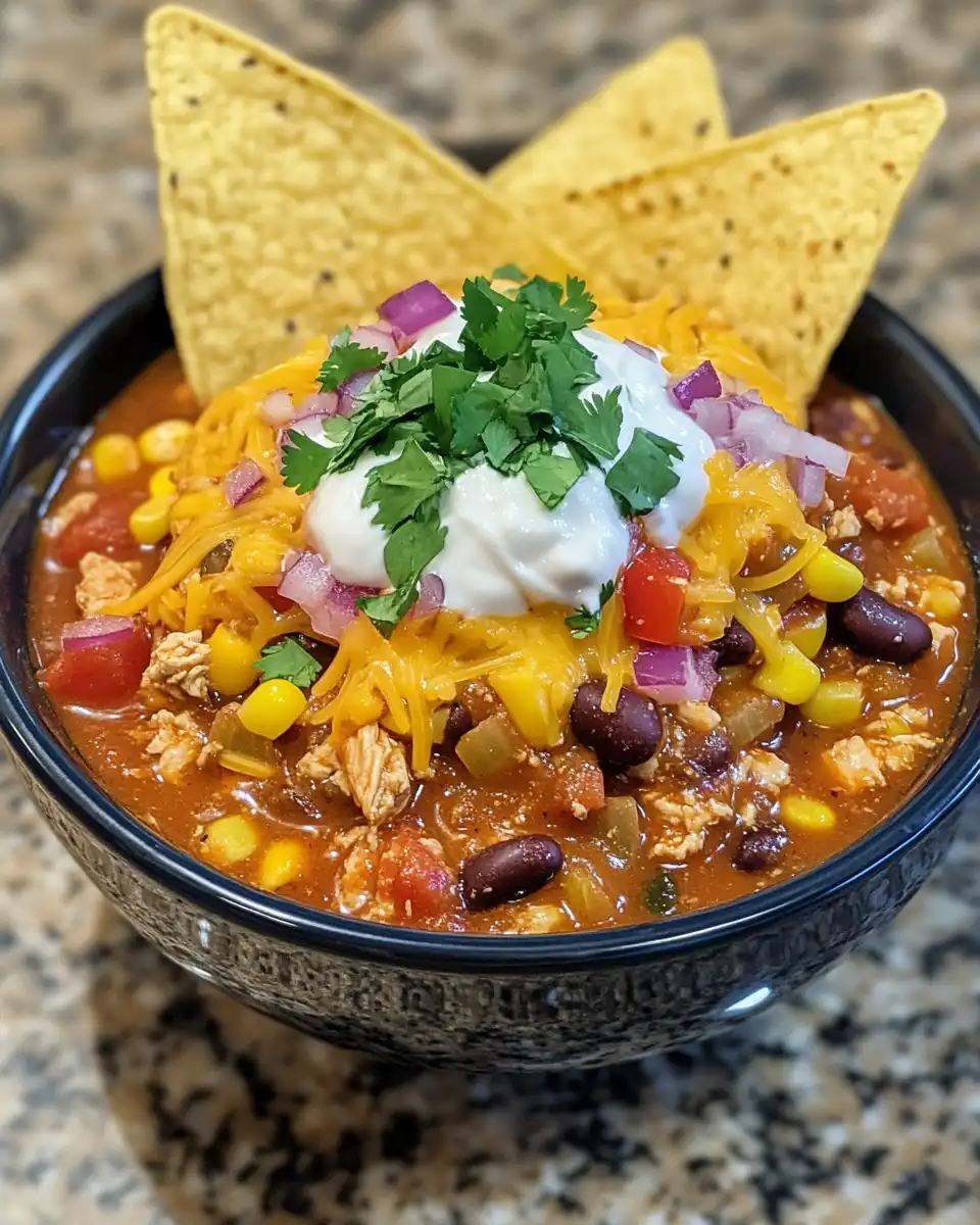 Final plated chicken taco chili served with toppings