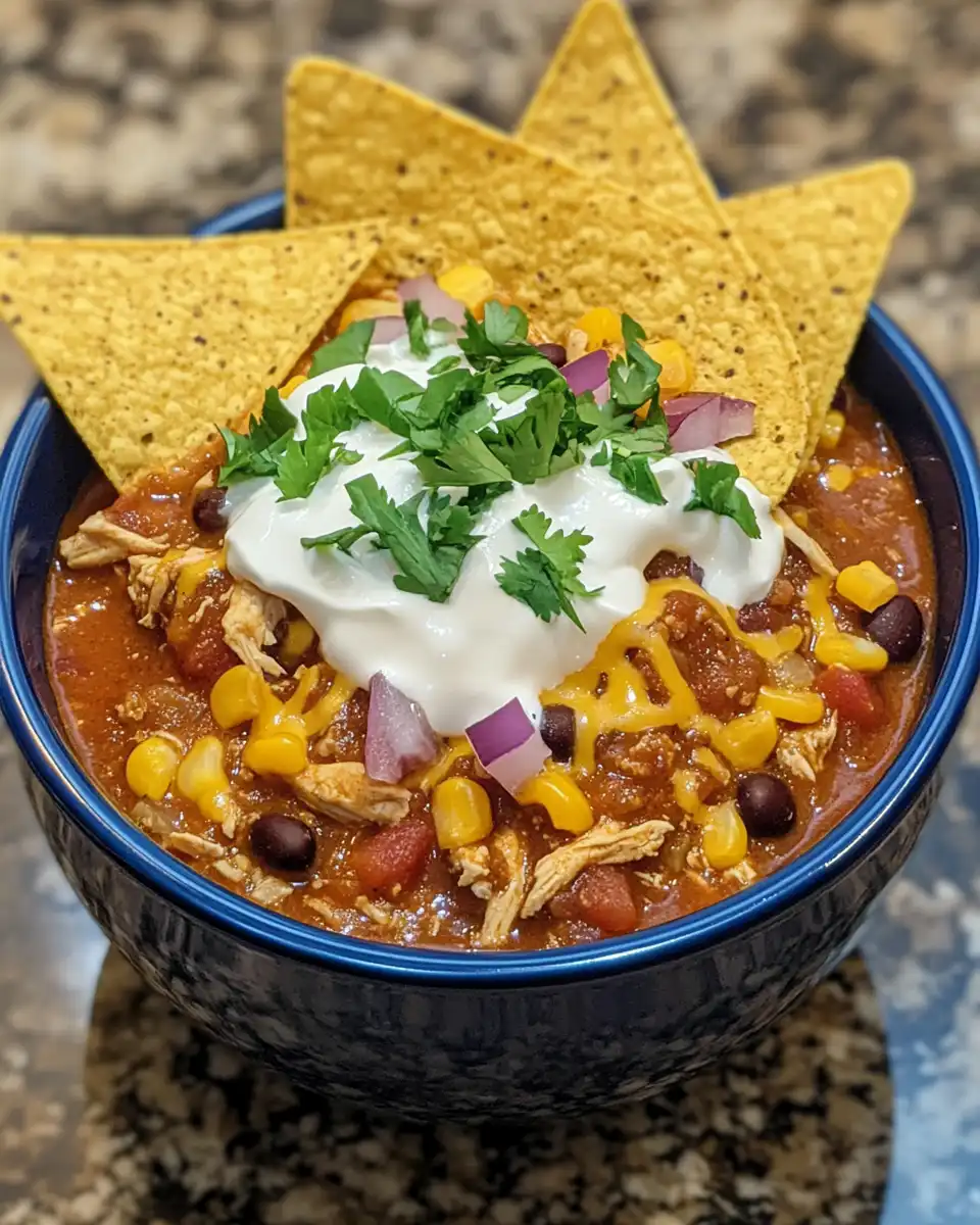 Pressure cooker with chicken taco chili simmering inside