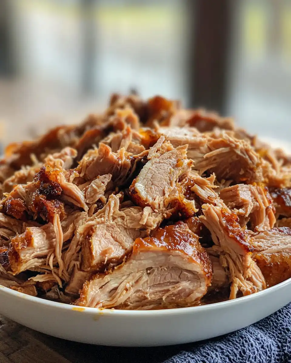 Plated crockpot apple cider pulled pork served hot with sauce