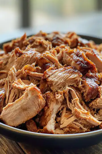 Crockpot Apple Cider Pulled Pork taken with iphone 15 pro max --iw 2 --ar 4:5 --v 6.1 --raw