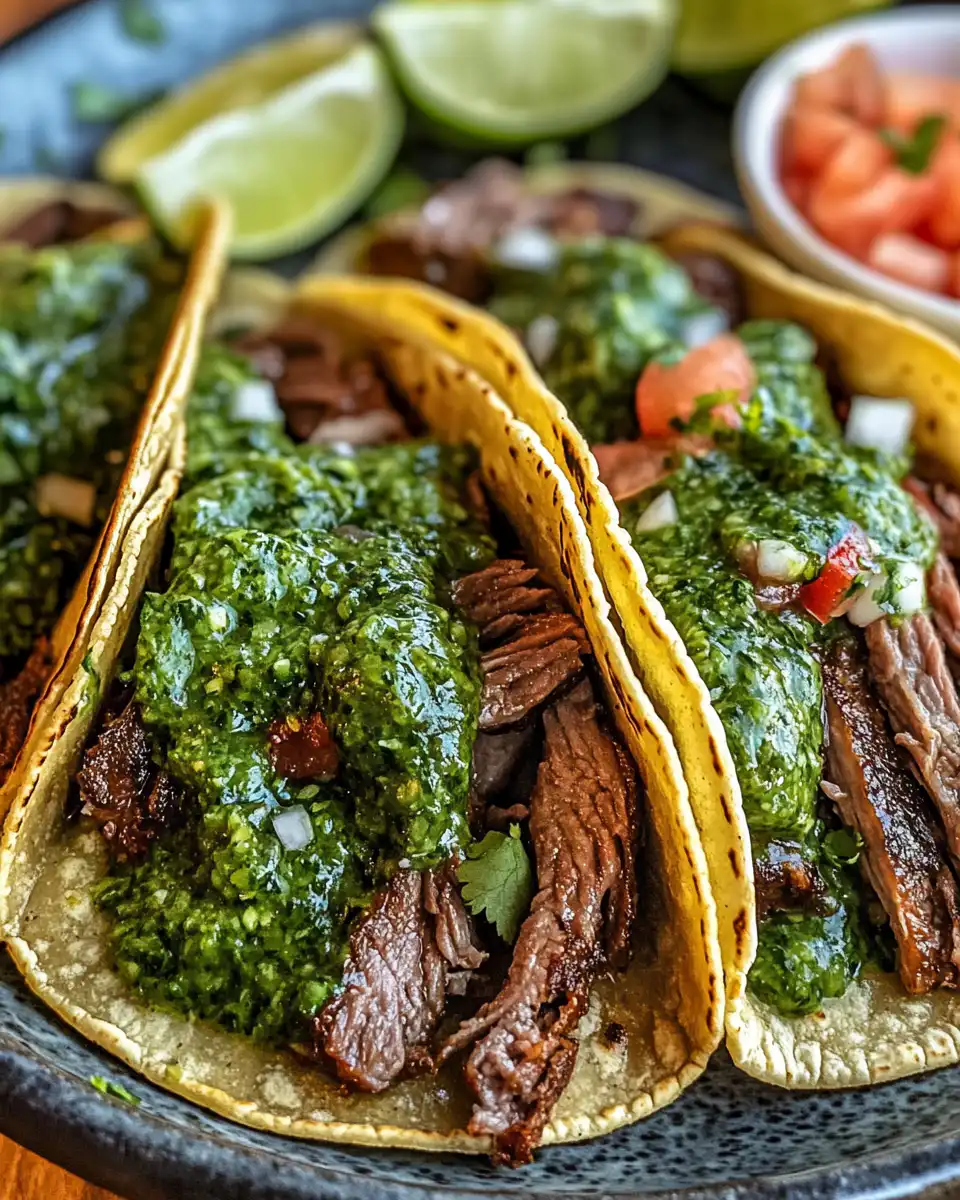 Finished crockpot carne asada tacos served with fresh toppings