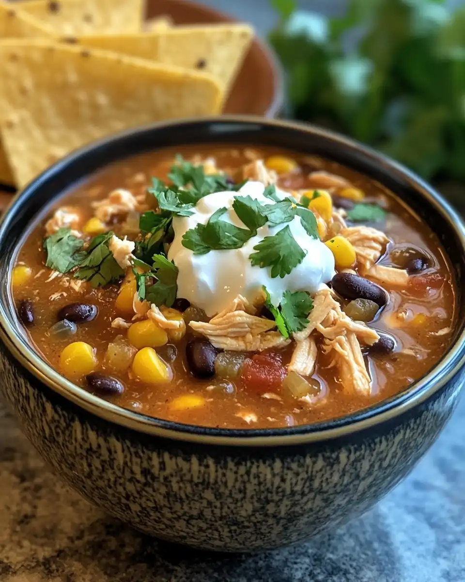 Bowl of hot chicken taco soup with toppings and fresh cilantro