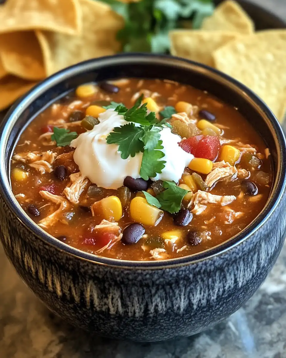 Slow cooker filled with chicken taco soup simmering with steam
