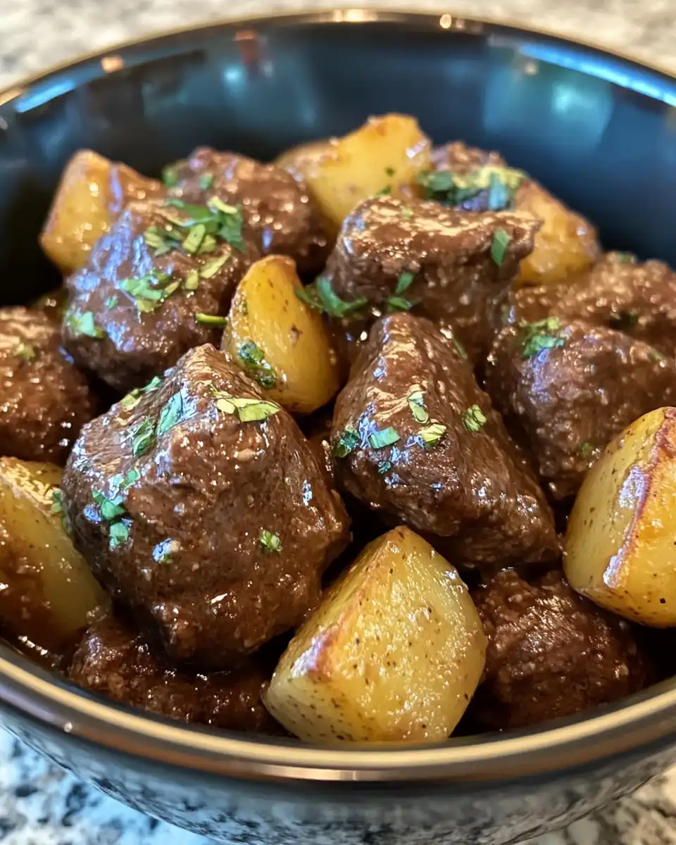 Ingredients for garlic butter beef and potatoes with fresh garlic and butter