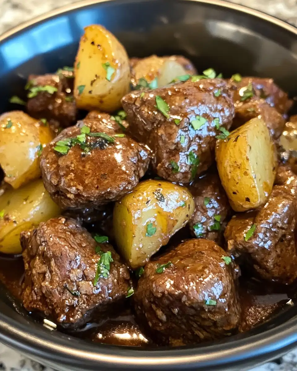 Garlic butter beef bites with potatoes and green beans served on a plate